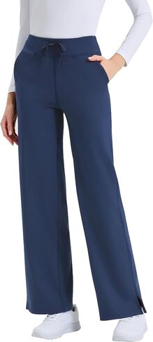 QBK Wide Leg Scrub Pants for Women - High Rise Stretch Yoga Scrub Uniform Pants with Knit Waistband, 4 Pockets & Drawstring in Kuwait