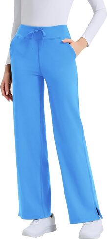QBK Wide Leg Scrub Pants for Women - High Rise Stretch Yoga Scrub Uniform Pants with Knit Waistband, 4 Pockets & Drawstring in Kuwait
