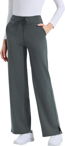 QBK Wide Leg Scrub Pants for Women - High Rise Stretch Yoga Scrub Uniform Pants with Knit Waistband, 4 Pockets & Drawstring in Kuwait