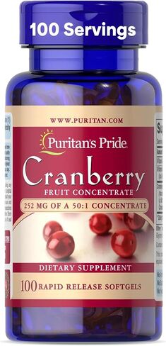 Puritan's Pride Premium Cranberry Fruit Concentrate 252mg with Vitamins C and E, Dietary Supplement for Immune System Support, 100 Rapid Release Softgels in Kuwait