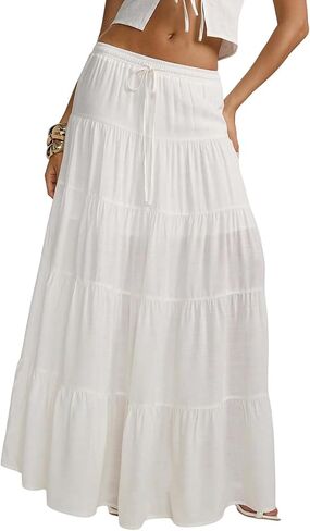 RadiantRhapsody Women's Boho Maxi Skirt Ruffle Flowy Low Rise A Line Beach Vacation Long Skirts for Summer in Kuwait