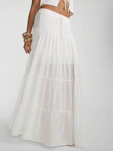 RadiantRhapsody Women's Boho Maxi Skirt Ruffle Flowy Low Rise A Line Beach Vacation Long Skirts for Summer in Kuwait