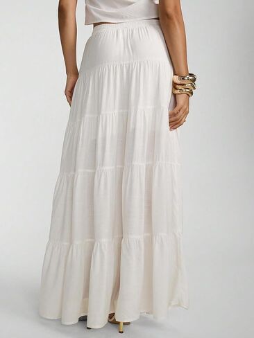 RadiantRhapsody Women's Boho Maxi Skirt Ruffle Flowy Low Rise A Line Beach Vacation Long Skirts for Summer in Kuwait
