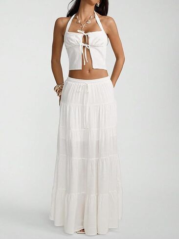 RadiantRhapsody Women's Boho Maxi Skirt Ruffle Flowy Low Rise A Line Beach Vacation Long Skirts for Summer in Kuwait