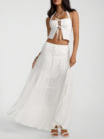 RadiantRhapsody Women's Boho Maxi Skirt Ruffle Flowy Low Rise A Line Beach Vacation Long Skirts for Summer in Kuwait