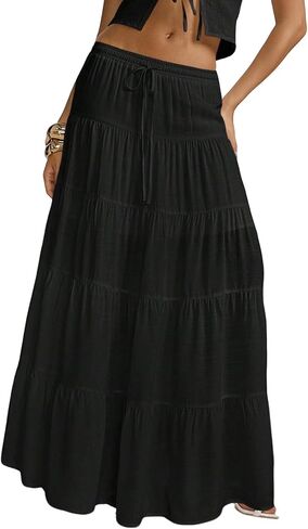 RadiantRhapsody Women's Boho Maxi Skirt Ruffle Flowy Low Rise A Line Beach Vacation Long Skirts for Summer in Kuwait