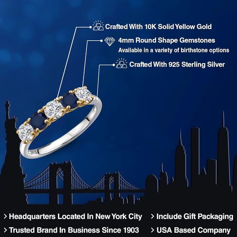 خاتم زفاف من Gem Stone King 1.51 Cttw Lab Grown Diamond والياقوت الأزرق للنساء | فضة عيار 925 وذهب أصفر عيار 10 قيراط | جولة 4 مم | خاتم الخطوبة والذكرى السنوية للزفاف للنساء in Kuwait