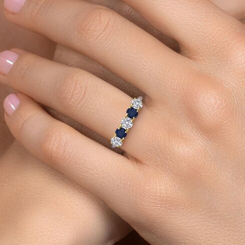 خاتم زفاف من Gem Stone King 1.51 Cttw Lab Grown Diamond والياقوت الأزرق للنساء | فضة عيار 925 وذهب أصفر عيار 10 قيراط | جولة 4 مم | خاتم الخطوبة والذكرى السنوية للزفاف للنساء in Kuwait