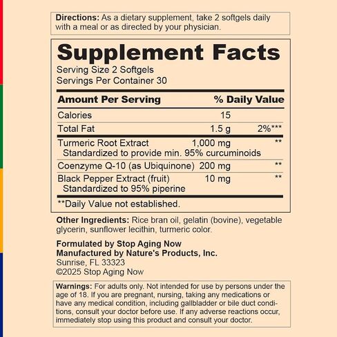 Stop Aging Now - Curcumin CoQ10 Complex - with Turmeric Root Extract - Antioxidant & Cardiovascular Support - 60 Softgels in Saudi Arabia