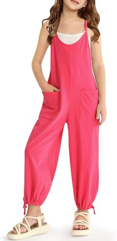 BesserBay Girls Sleeveless Adjustable Strap Long Pants Jumpsuit Drawstring Cuffs Romper with Pockets 5-14 Years in Kuwait