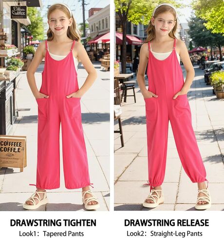 BesserBay Girls Sleeveless Adjustable Strap Long Pants Jumpsuit Drawstring Cuffs Romper with Pockets 5-14 Years in Kuwait