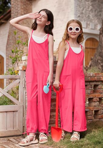 BesserBay Girls Sleeveless Adjustable Strap Long Pants Jumpsuit Drawstring Cuffs Romper with Pockets 5-14 Years in Kuwait