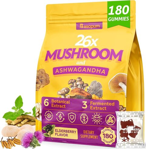 Mushroom Gummies 4000mg, Brain Supplements for Memory and Focus, 26x Mushroom Supplement with Ashwagandha & Lion's Mane, Milk Thistle, Green Tea - Focus, Clarity, Immunity, Liver | 180 Count in Kuwait