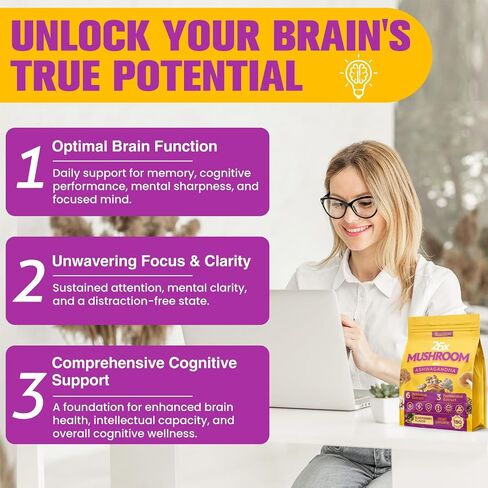 Mushroom Gummies 4000mg, Brain Supplements for Memory and Focus, 26x Mushroom Supplement with Ashwagandha & Lion's Mane, Milk Thistle, Green Tea - Focus, Clarity, Immunity, Liver | 180 Count in Kuwait
