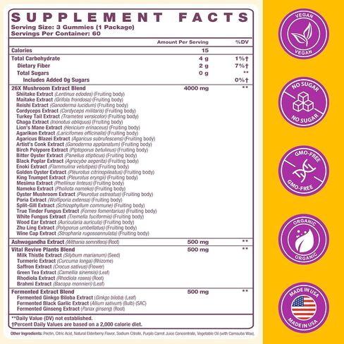 Mushroom Gummies 4000mg, Brain Supplements for Memory and Focus, 26x Mushroom Supplement with Ashwagandha & Lion's Mane, Milk Thistle, Green Tea - Focus, Clarity, Immunity, Liver | 180 Count in Kuwait