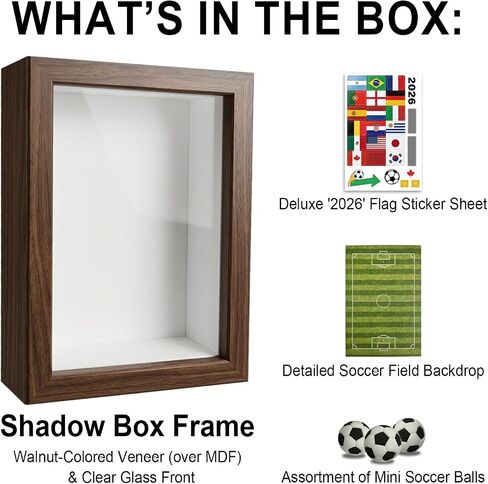 4x6 Soccer Shadow Box Frame, DIY 2026 Photo Display Case with Mini Soccer Balls, Flag Stickers & Field Backdrop, Wall or Tabletop Memory Box, Walnut-Look MDF Frame with Glass Front in Saudi Arabia
