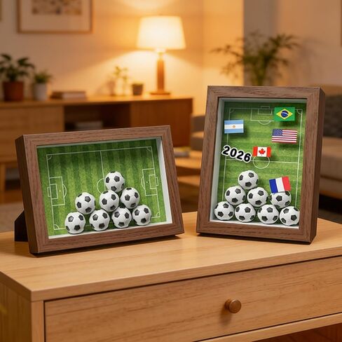 4x6 Soccer Shadow Box Frame, DIY 2026 Photo Display Case with Mini Soccer Balls, Flag Stickers & Field Backdrop, Wall or Tabletop Memory Box, Walnut-Look MDF Frame with Glass Front in Saudi Arabia