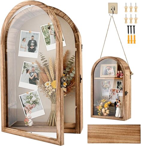 Shadow Box Frame, 10x16 Large Shadow Boxes Display Cases with Linen Back and Removable Shelves, Arch Memory Box for Medals, Photos, Memorabilia, Wedding Bouquet, Awards, Keepsakes, Carbonized Brown in Kuwait