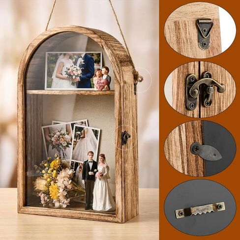 Shadow Box Frame, 10x16 Large Shadow Boxes Display Cases with Linen Back and Removable Shelves, Arch Memory Box for Medals, Photos, Memorabilia, Wedding Bouquet, Awards, Keepsakes, Carbonized Brown in Kuwait