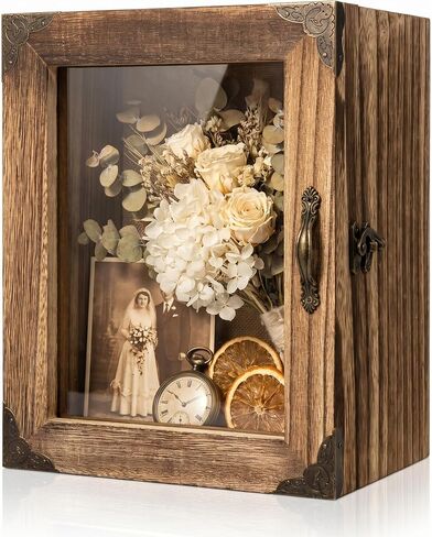 Shadow Box Frame 8x10, 5.1" Deep Display Case, Rustic Wood Memory Box with Vintage Lock and Handle for Flowers and Keepsakes, Carbonized Brown in Saudi Arabia