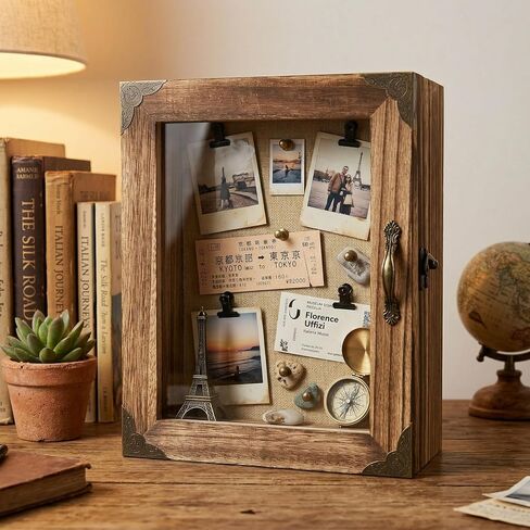 Shadow Box Frame 8x10, 5.1" Deep Display Case, Rustic Wood Memory Box with Vintage Lock and Handle for Flowers and Keepsakes, Carbonized Brown in Saudi Arabia