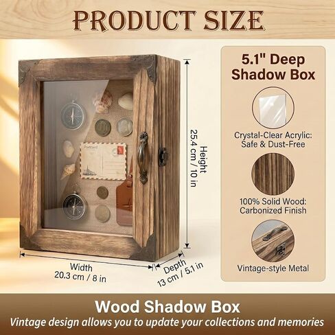 Shadow Box Frame 8x10, 5.1" Deep Display Case, Rustic Wood Memory Box with Vintage Lock and Handle for Flowers and Keepsakes, Carbonized Brown in Saudi Arabia