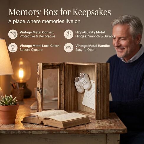 Shadow Box Frame 8x10, 5.1" Deep Display Case, Rustic Wood Memory Box with Vintage Lock and Handle for Flowers and Keepsakes, Carbonized Brown in Saudi Arabia