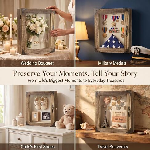 Shadow Box Frame 8x10, 5.1" Deep Display Case, Rustic Wood Memory Box with Vintage Lock and Handle for Flowers and Keepsakes, Carbonized Brown in Saudi Arabia