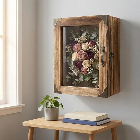 Shadow Box Frame 8x10, 5.1" Deep Display Case, Rustic Wood Memory Box with Vintage Lock and Handle for Flowers and Keepsakes, Carbonized Brown in Saudi Arabia