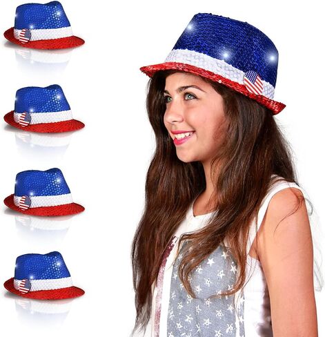 FlashingBlinkyLights Set of 4 Patriotic Sequin Light Up LED Fedora Hat in Kuwait