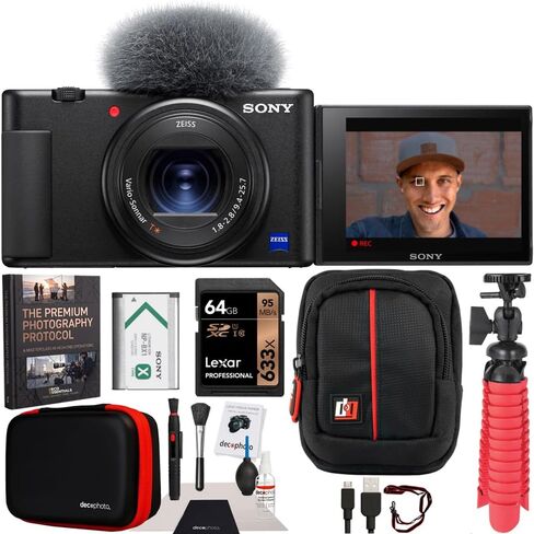Sony ZV-1 Compact Digital Vlogging 4K HDR Video Camera for Content Creators & Vloggers White DCZV1/W Bundle with CPS 2 YR Extended Protection Pack + Deco Gear Case + 128GB Card & Accessories Kit in Saudi Arabia