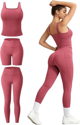 UOUA 3 Piece Workout Sets for Women High Waisted Butt Lifting Leggings Tummy Control Yoga Pants with Sports Bra Biker Shorts in Kuwait