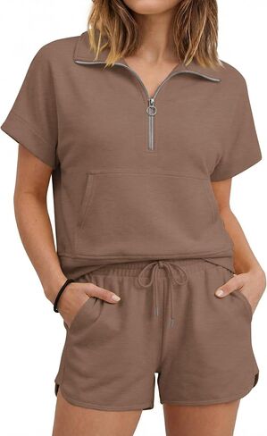 Womens Short Sets Summer Lounge Sets Zipper V Neck Short Sleeve Tops Drawstring Shorts Sweatsuits with Pocket in Saudi Arabia