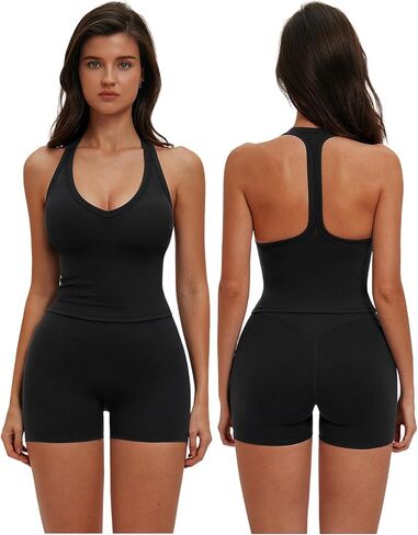 QBGJTD Two Piece Workout Sets for Women V Neck Racerback Tank Tops and High Waist Shorts Gym Yoga Outfits in Kuwait
