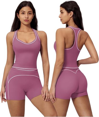 Women Two Piece Workout Sets Racerback Color Block Tops High Waist Tummy Control Active Shorts Yoga Pilates Outfits in Saudi Arabia