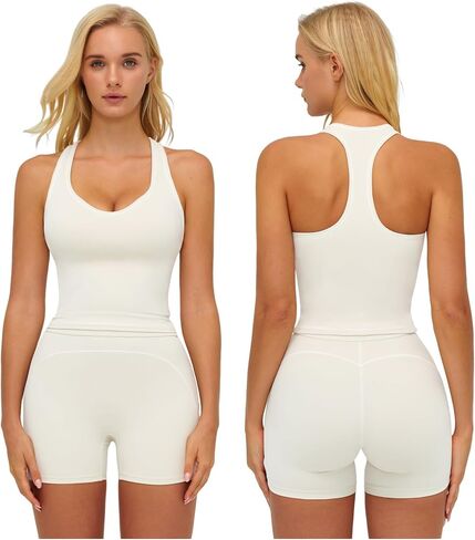 Women Two Piece Workout Sets Racerback Color Block Tops High Waist Tummy Control Active Shorts Yoga Pilates Outfits in Saudi Arabia