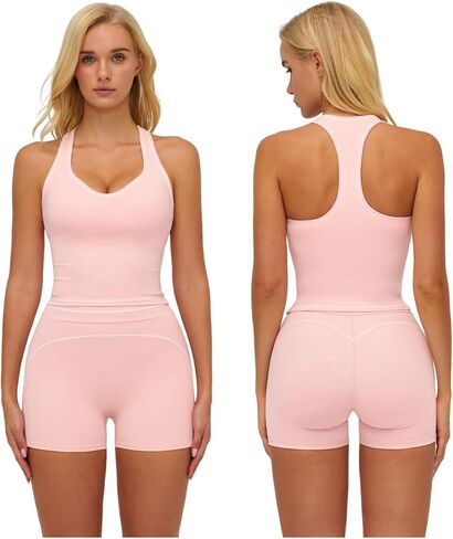 Women Two Piece Workout Sets Racerback Color Block Tops High Waist Tummy Control Active Shorts Yoga Pilates Outfits in Saudi Arabia