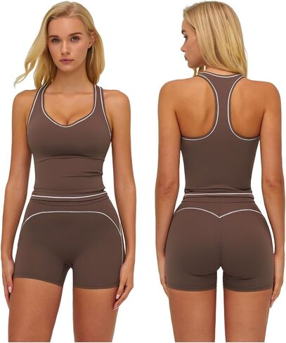 Women Two Piece Workout Sets Racerback Color Block Tops High Waist Tummy Control Active Shorts Yoga Pilates Outfits in Saudi Arabia