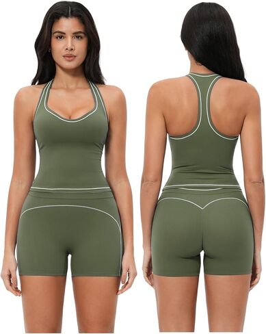 Women Two Piece Workout Sets Racerback Color Block Tops High Waist Tummy Control Active Shorts Yoga Pilates Outfits in Saudi Arabia