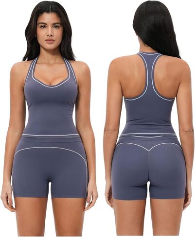 Women Two Piece Workout Sets Racerback Color Block Tops High Waist Tummy Control Active Shorts Yoga Pilates Outfits in Saudi Arabia