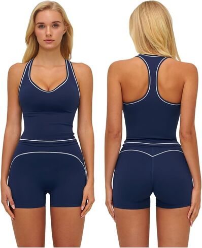 Women Two Piece Workout Sets Racerback Color Block Tops High Waist Tummy Control Active Shorts Yoga Pilates Outfits in Saudi Arabia