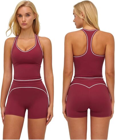 Women Two Piece Workout Sets Racerback Color Block Tops High Waist Tummy Control Active Shorts Yoga Pilates Outfits in Saudi Arabia