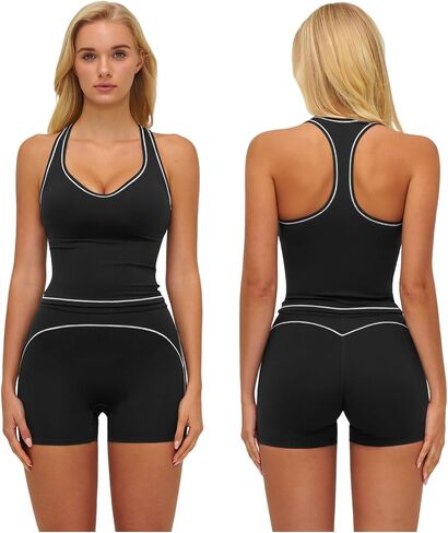 Women Two Piece Workout Sets Racerback Color Block Tops High Waist Tummy Control Active Shorts Yoga Pilates Outfits in Saudi Arabia