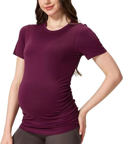 تي شيرت Netdraw Buttery Soft Bamboo Viscose الأمومة، ملابس علوية كاجوال مكشكشة جانبية بأكمام قصيرة للحمل in Kuwait