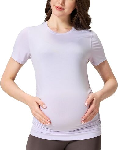 تي شيرت Netdraw Buttery Soft Bamboo Viscose الأمومة، ملابس علوية كاجوال مكشكشة جانبية بأكمام قصيرة للحمل in Kuwait