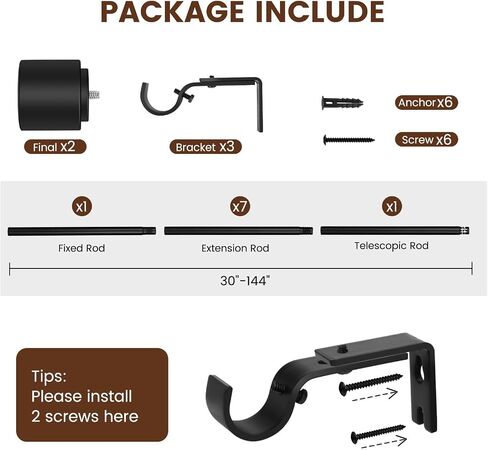 Matte Black Curtain Rod Itself is 30-144 inch 1 Pack, Fit 30 to 142, 66 to 120 inch Windows with 1 Inch Diameter Heavy Duty Adjustable Telescopic Rod, 1 Inch Diameter Splicing Extra Long in Saudi Arabia