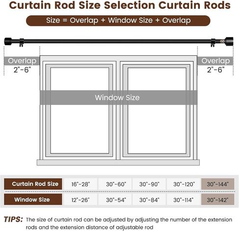 Matte Black Curtain Rod Itself is 30-144 inch 1 Pack, Fit 30 to 142, 66 to 120 inch Windows with 1 Inch Diameter Heavy Duty Adjustable Telescopic Rod, 1 Inch Diameter Splicing Extra Long in Saudi Arabia