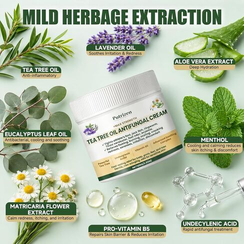 Antifungal Cream with Tea Tree Oil - Advanced Herbal Relief for Skin Fungus, Athlete's Foot, Jock Itch, Eczema, Tinea Versicolor, Natural Treatment, Relieves Itching, Burning, Scaling - 100g in Saudi Arabia