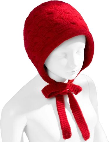 Wool Knit Ear Flap Beanie for Little Girls, Red Knitted Hat with Earmuffs for 3-10 Years Old, Pure Wool Winter Warm Headwear, Young Kids Soft Cap with Straps in Kuwait