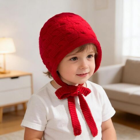 Wool Knit Ear Flap Beanie for Little Girls, Red Knitted Hat with Earmuffs for 3-10 Years Old, Pure Wool Winter Warm Headwear, Young Kids Soft Cap with Straps in Kuwait